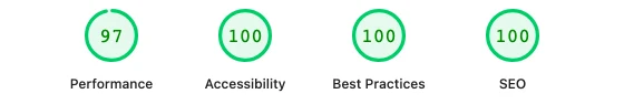 Lighthouse report, mobile, home page: Performance 97, Accessibility 100, Best Practices 100, SEO 100.
