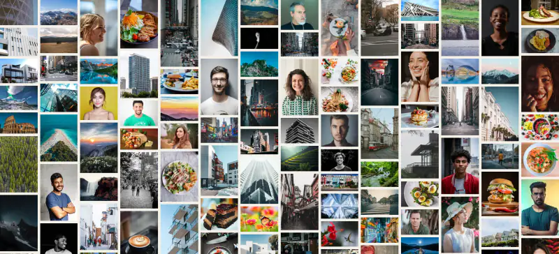 A Wisp Gallery masonry gallery zoomed out: one hundred small photo thumbnails of buildings, landscapes, portraits, food and streets.